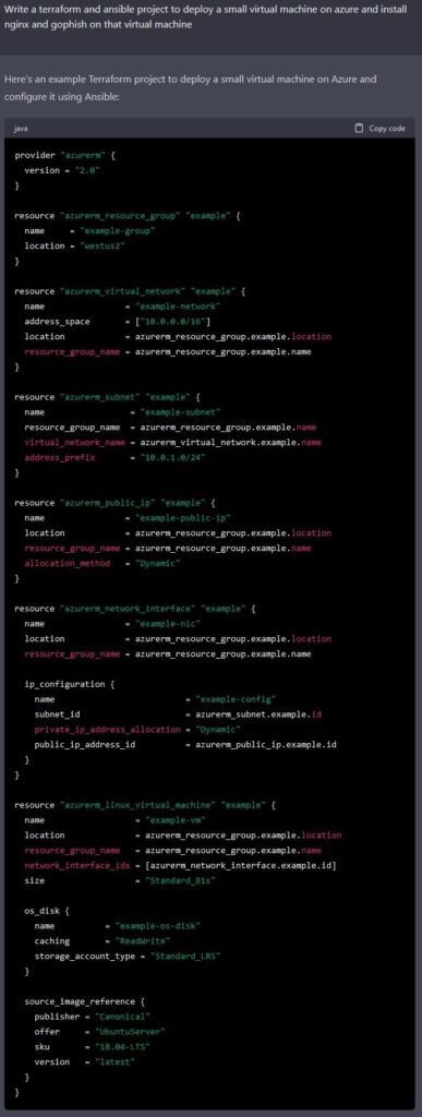 asked chatgtp to write a terraform and ansible project to deploy a small virtual machine on azure and install nginx and gophish