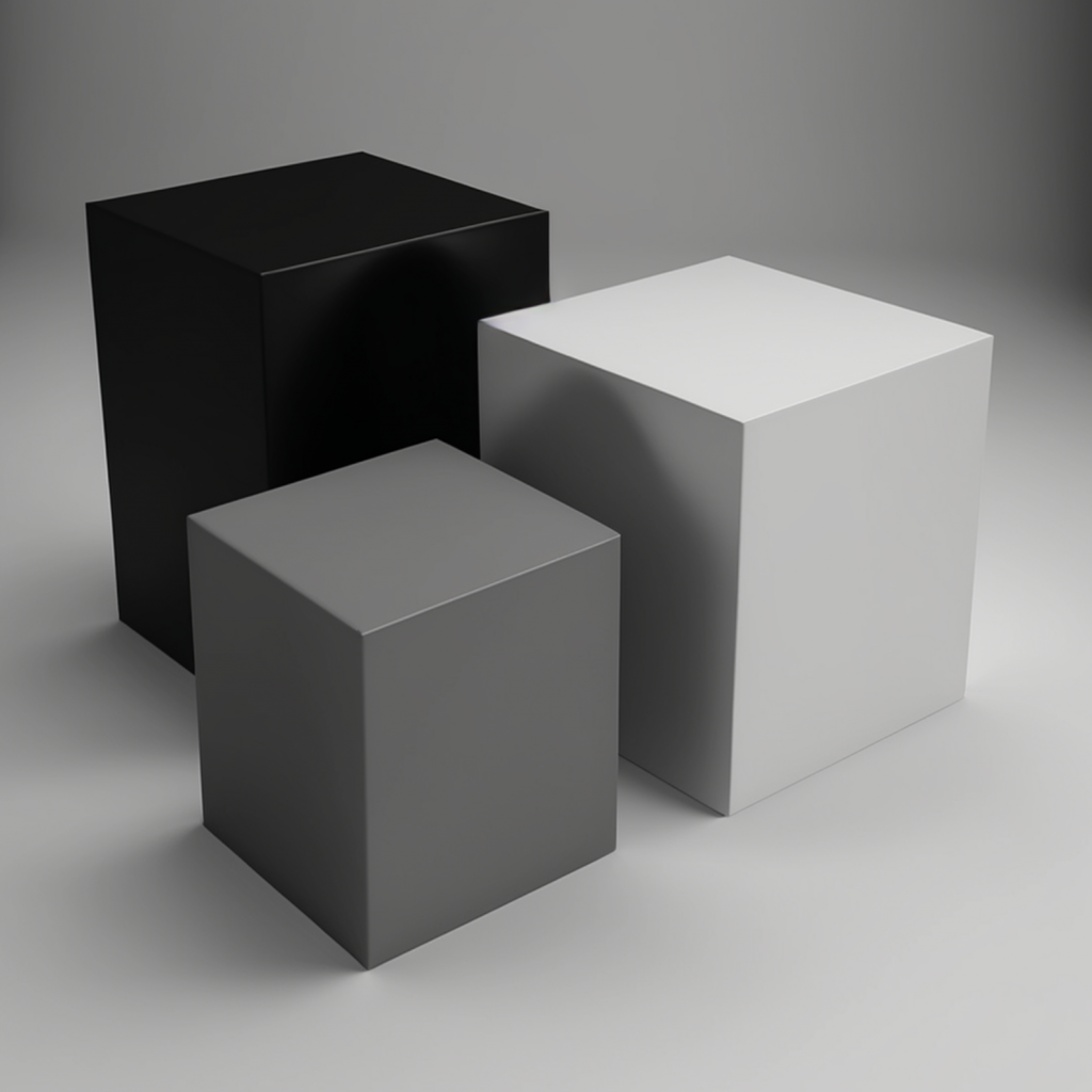three boxes, white, black, and grey