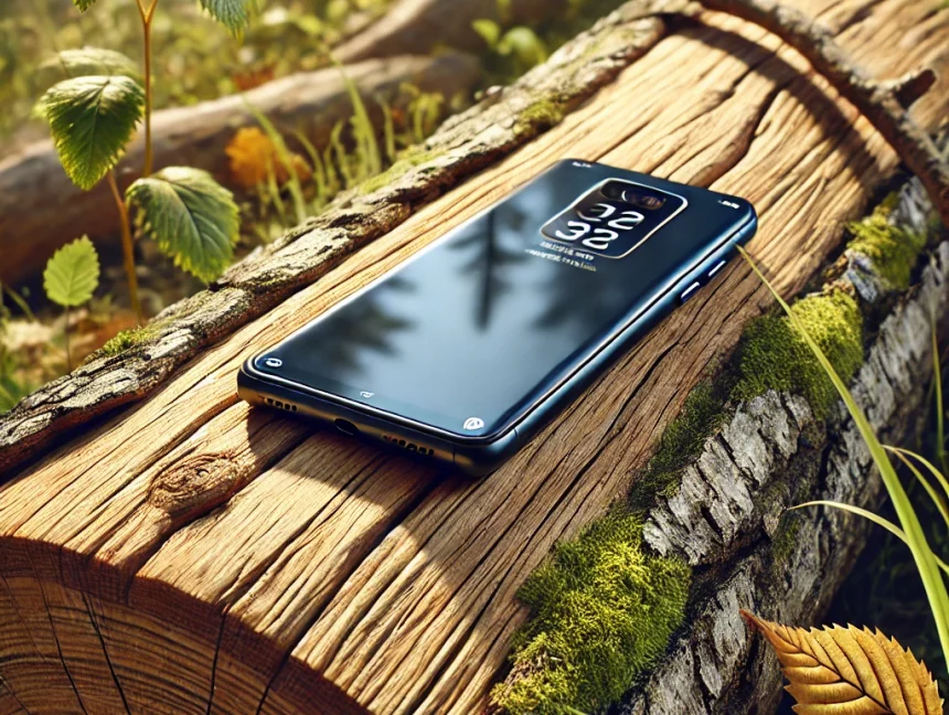 A mobile phone on a log. 